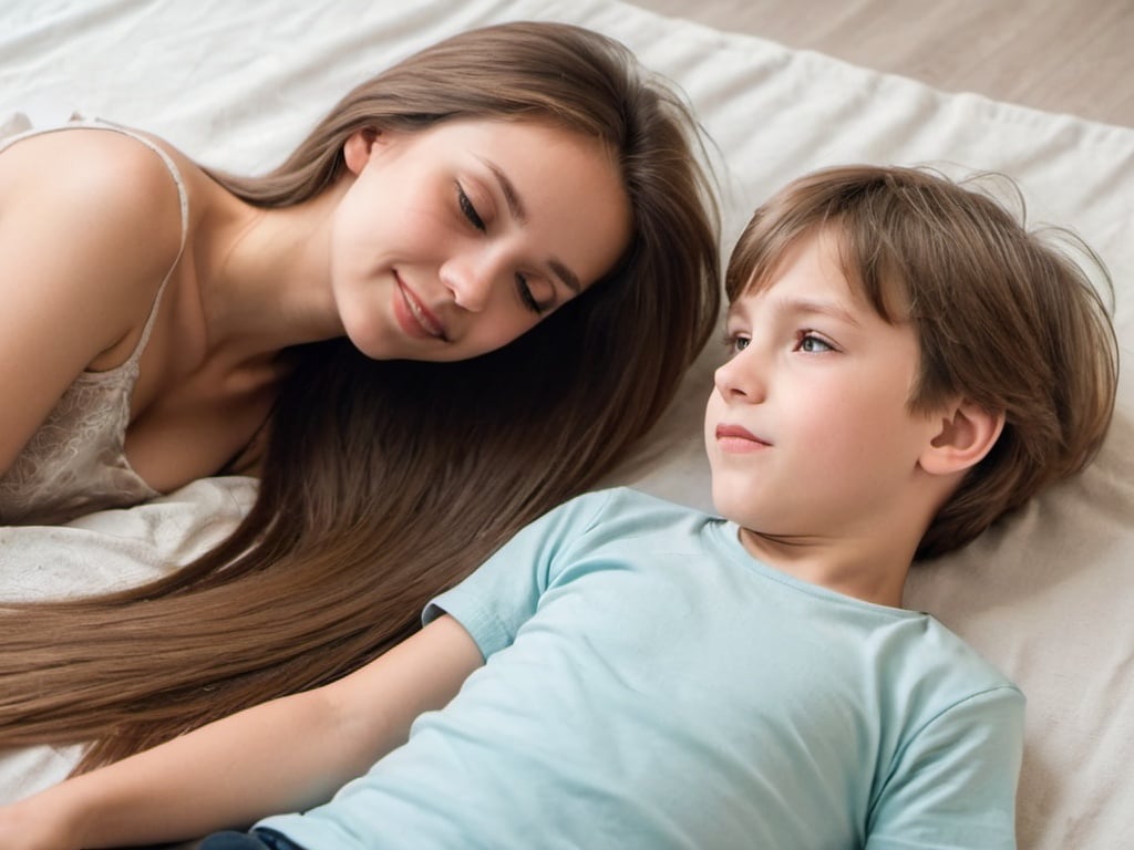 Prompt: A charming and delicate girl with long and straight hair allows the boy to lie on her back while lying down.