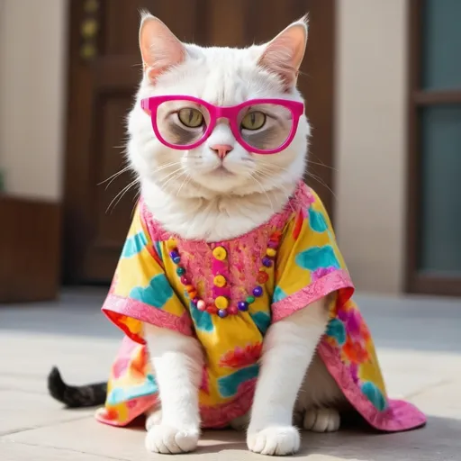 Prompt: A cat is wearing colorful dress and colorful glasses like a legend 