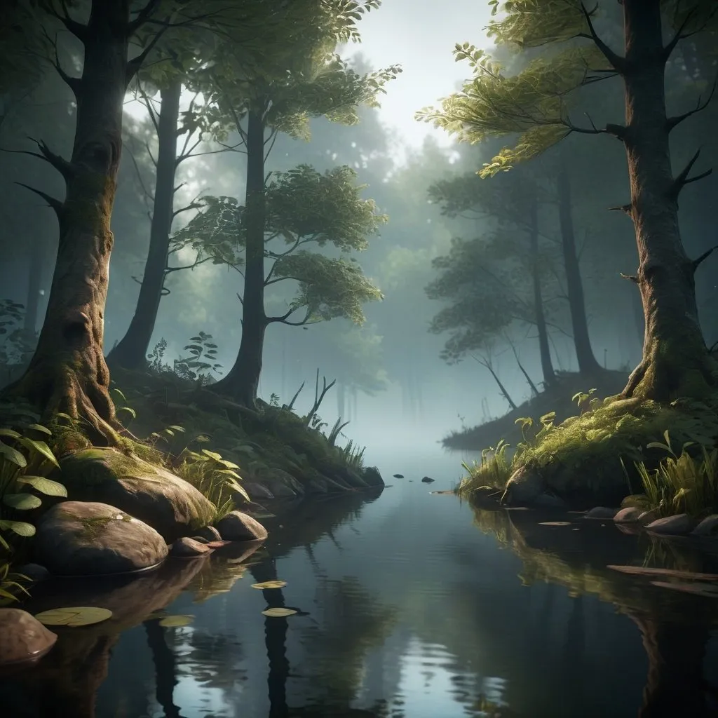 Prompt: Mysterious forest by the lake, unreal engine, high quality, atmospheric lighting, detailed foliage, serene atmosphere, mystical, ethereal, surreal, cinematic quality, dark and moody, reflections on the water, misty ambiance, detailed shadows, realistic textures, cool-toned