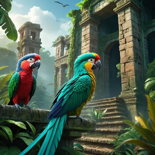 Prompt: Luna and Quetzal embarking on a thrilling adventure, mystical 3D rendering, ancient ruins, vibrant jungle setting, strong bond between Luna and Quetzal, high-res, detailed feathers and textures, mystical, vibrant colors, natural lighting, magical realism, animal communication, epic journey, adventurous, fantasy, 3D rendering, mystical, vibrant, detailed textures, natural lighting