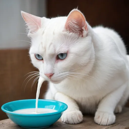 Prompt: A sweet white cat is drinking milk 