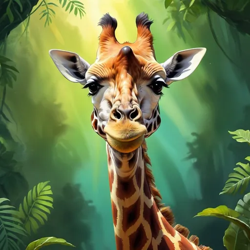 Prompt: Giraffe singing a song, digital painting, jungle backdrop, whimsical style, vibrant colors, expressive facial features, dynamic lighting, high quality, detailed fur, musical theme, lively atmosphere