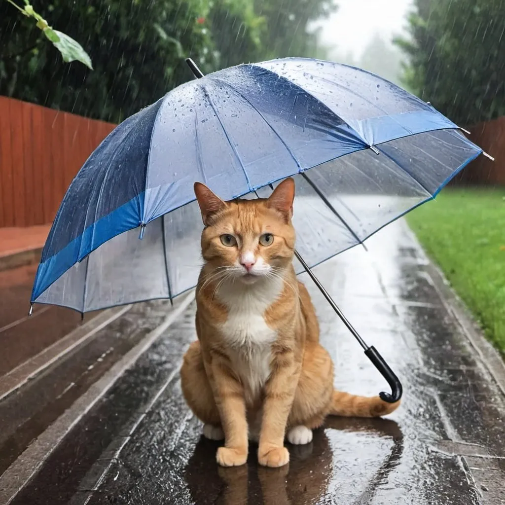 Prompt: A woman saw a cat in the rain and she covered her own umbrella to protect the cat 