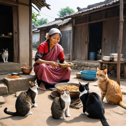 Prompt: An Asian village woman is cooking food and her three cats are sitting next to her. The food gets ready and the woman gives food to her cats. All three cats are eating food in a decent way 