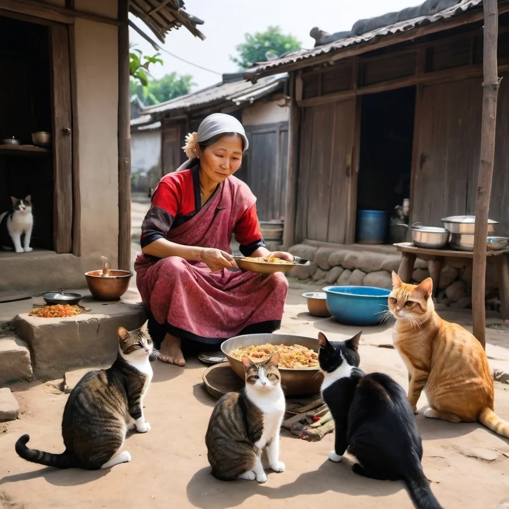 Prompt: An Asian village woman is cooking food and her three cats are sitting next to her. The food gets ready and the woman gives food to her cats. All three cats are eating food in a decent way 