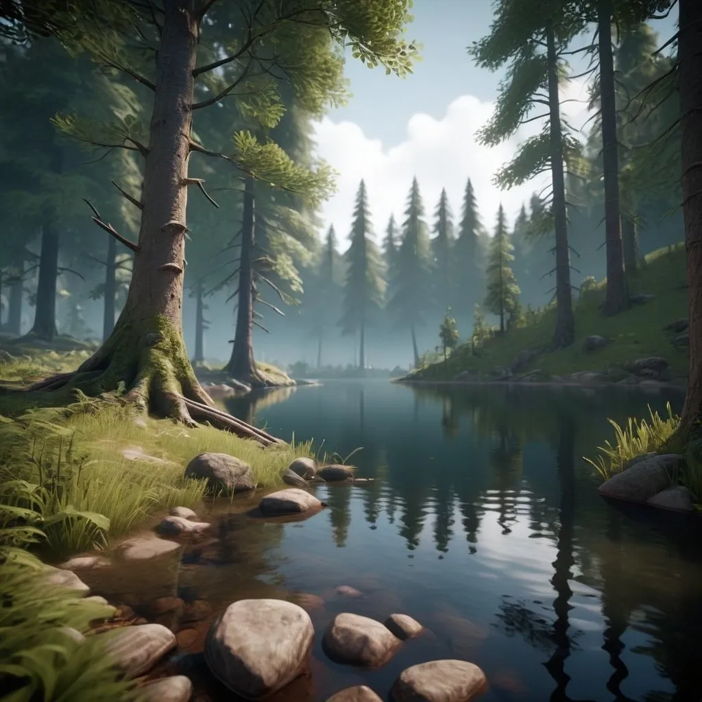 Prompt: a mysterious forest next to a lake, high quality, unreal engine