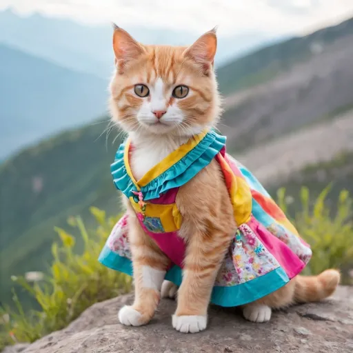 Prompt: A young cat wearing colorful dress and standing on a mountain 