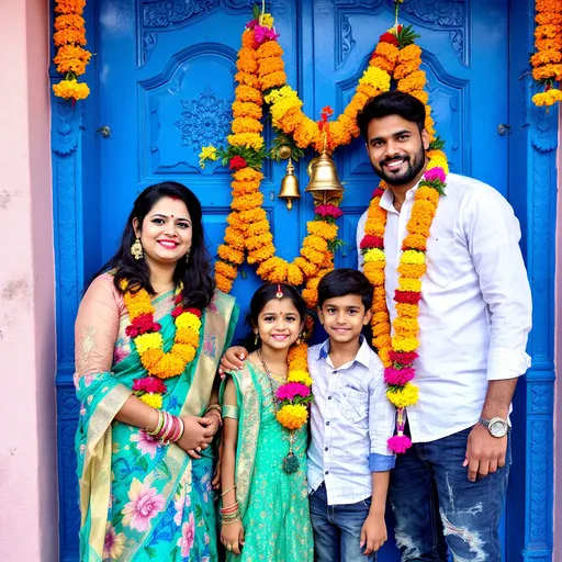 Prompt: Joyful smiles fill the frame as four individuals stand together in front of a colorful blue door, celebrating a festive occasion, likely Holi, marked by vibrant splashes of colored powders on their faces and clothes. The man in the foreground holds a curious young child, whose solemn expression contrasts with the lively atmosphere, while two women behind him embody warmth and celebration, one sporting a splash of pink on her forehead. Decorative leaves and beads hang above them, accentuating the festive ambiance, which is further enhanced by the bright, natural light of the day. The scene captures a moment of familial joy and togetherness, reflecting the rich cultural tradition of celebrating with colors and laughter.