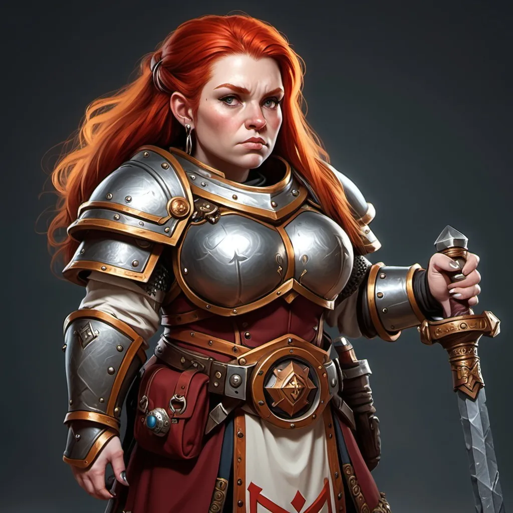 Prompt: A red headed female dwarf cleric, thick build, with a warhammer.