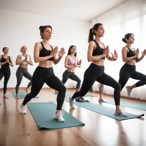 Prompt: Womens doing exercise like yoga and running
