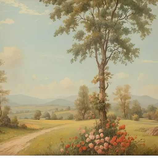 Prompt: Vintage landscape painting, detailed flowers
