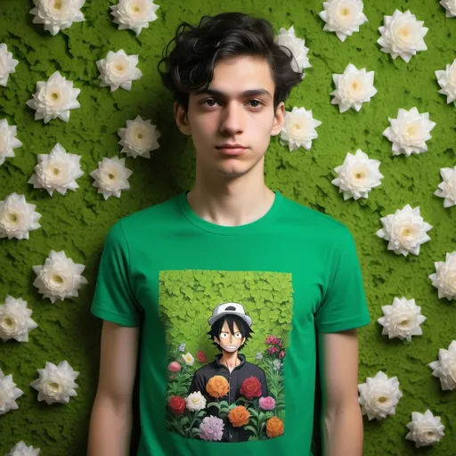 Prompt: a young man standing in front of a green wall with flowers on it and a one piece tee shirt on, Daryush Shokof, plasticien, david lazar, a picture