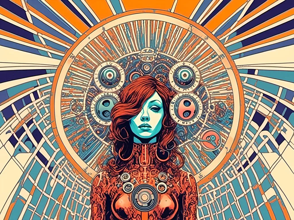 Prompt: <mymodel> Trippy, psychedelic, poster art, illustration, cyborg, metal, circuitry, gears, steampunk,  beautiful metal woman