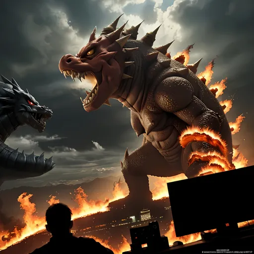 Prompt: Giant Kaiju Nintendo SMB Bowser in action, movie photograph, high quality, realistic, epic battle scene, detailed scales, intense fire breath, cinematic lighting, dramatic clouds, towering cityscape, action-packed, larger than life, dynamic composition, highres, realistic, detailed textures
