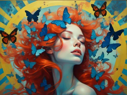 Prompt: A woman portrait in Midjourney <mymodel> style, ...<mymodel> a painting of a woman with butterflies around her head and eyes closed and her hair flowing in the wind, Anna Dittmann, figurative art, tristan eaton, a fine art painting