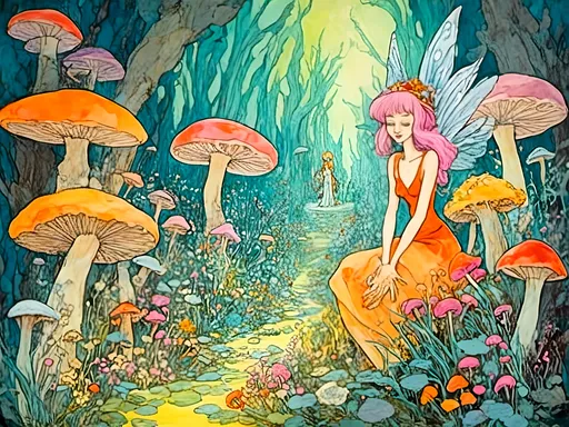 Prompt: Mixed media on paper. 
<mymodel>
Colorful beautiful Fairies at magical spring, colorful exotic flora, mushrooms
Watercolor and colored pencil, gouache and ink,
Filmation style 