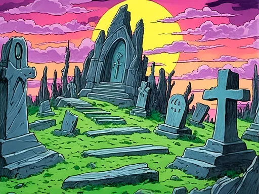 Prompt: <mymodel> spooky graveyard in filmation cartoon background style. Ink and gouache with color pencil.