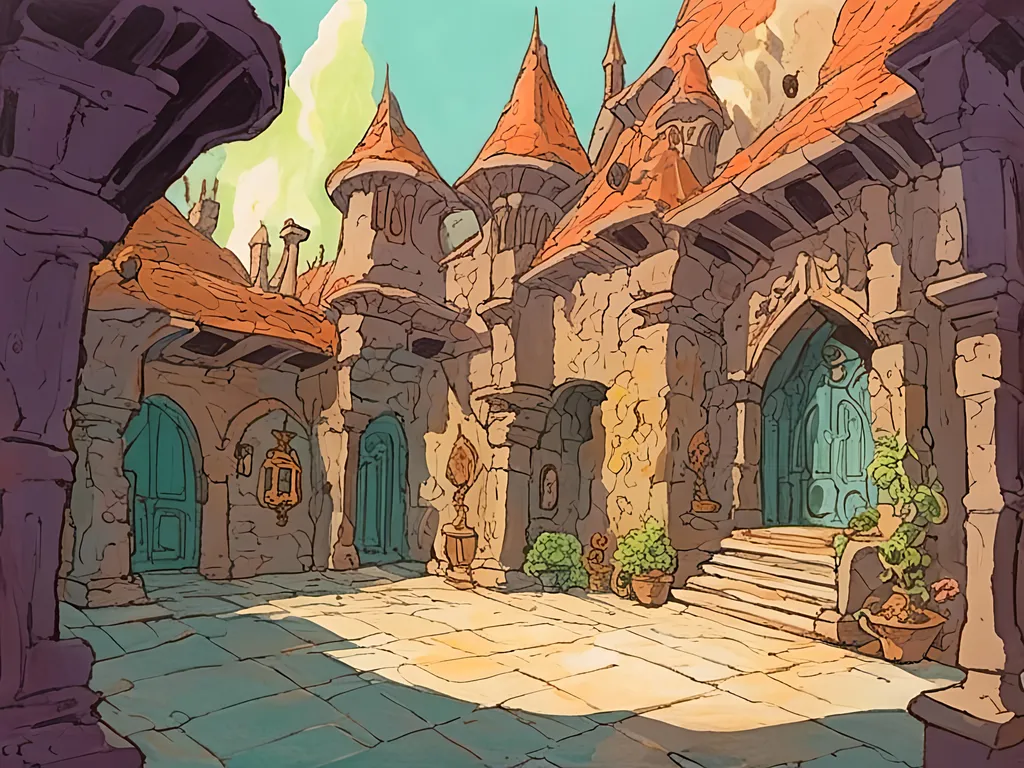 Prompt: Fantasy courtyard in Filmation style. Gouache with color pencil. Paper brush and pencil textures. <mymodel>