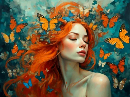 Prompt: A woman portrait in Midjourney <mymodel> style, ...<mymodel> a painting of a woman with butterflies around her head and eyes closed and her hair flowing in the wind, Anna Dittmann, figurative art, tristan eaton, a fine art painting
