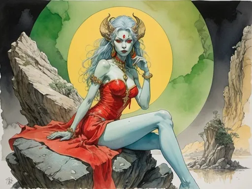 Prompt: Mixed media on paper in the style of Yoshitaka Amano. Ink and watercolor.  stylized.
a painting of a woman sitting on a rock with a red dress and a yellow background with a green and yellow circle, Yoshitaka Amano, fantasy art, michael kaluta, concept art, detailed poster art, goblin queen.
She has pale blue skin and a pale blue leotard, flowing red dress. Gold accessories.