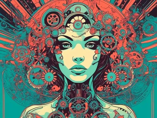 Prompt: <mymodel> Trippy, psychedelic, poster art, illustration, cyborg, metal, circuitry, gears, steampunk,  beautiful metal woman