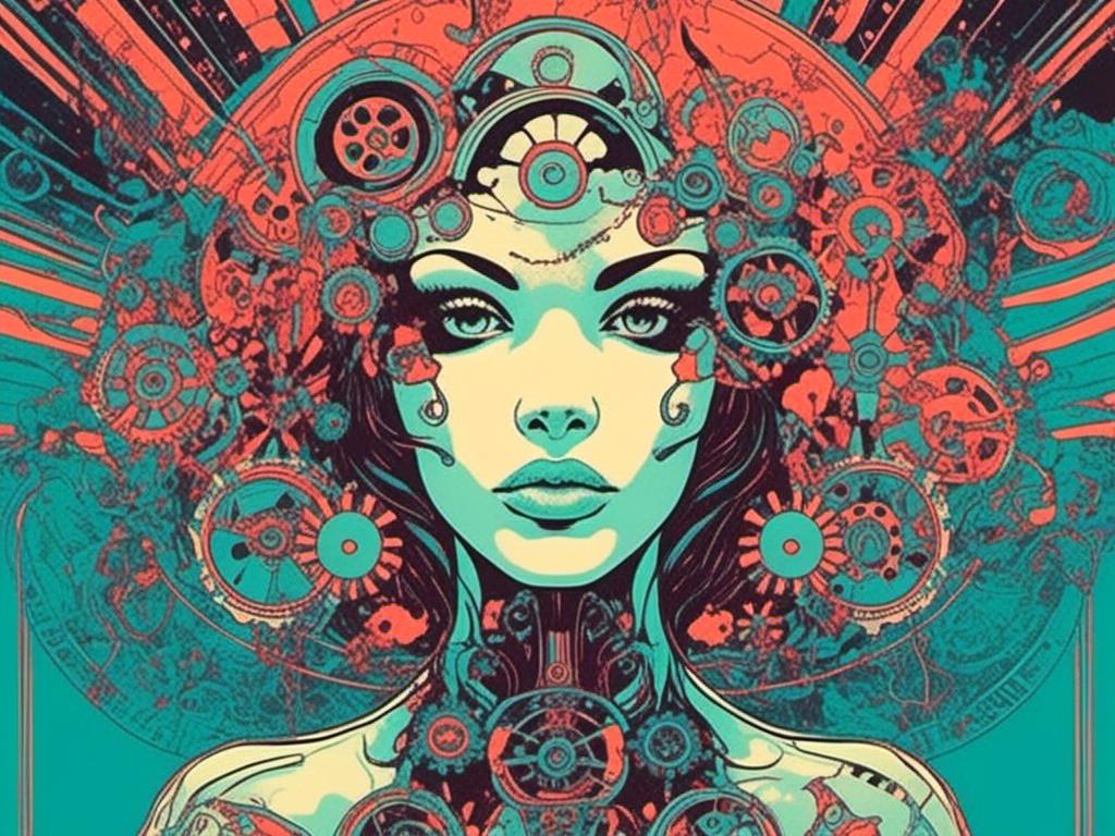 Prompt: <mymodel> Trippy, psychedelic, poster art, illustration, cyborg, metal, circuitry, gears, steampunk,  beautiful metal woman