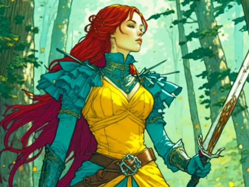 Prompt: A woman portrait in Midjourney <mymodel> style, warrior queen.
a woman in a yellow dress holding a sword and a sword in her hand in a forest with trees, charles vess, fantasy art, yukito kishiro, concept art