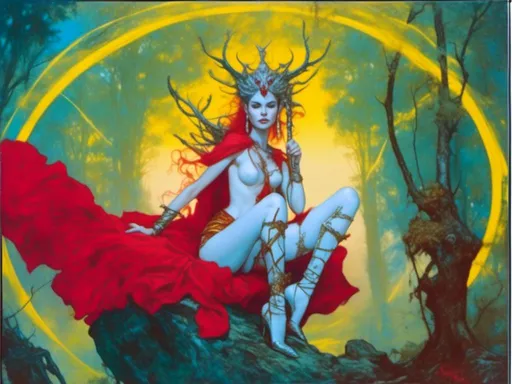 Prompt: A woman portrait in Midjourney <mymodel> style, warrior queen.
a painting of a woman sitting on a rock with a red dress and a yellow background with a tree, Amano, Boris Vallejo, fantasy art, michael kaluta, concept art.goblin queen. 