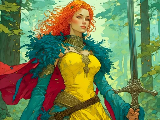 Prompt: A woman portrait in Midjourney <mymodel> style, warrior queen.
a woman in a yellow dress holding a sword and a sword in her hand in a forest with trees, charles vess, fantasy art, yukito kishiro, concept art
