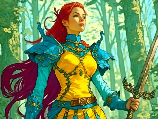 Prompt: A woman portrait in Midjourney <mymodel> style, warrior queen.
a woman in a yellow dress holding a sword and a sword in her hand in a forest with trees, charles vess, fantasy art, yukito kishiro, concept art