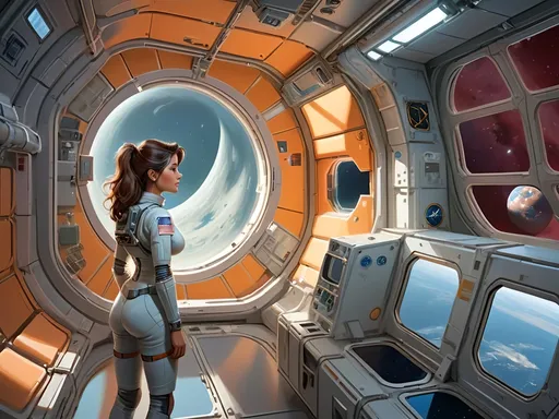 Prompt:  a beautiful woman in a space station looking out the window of a space station with a window to another space station, Christopher Moeller, space art, game art, concept art