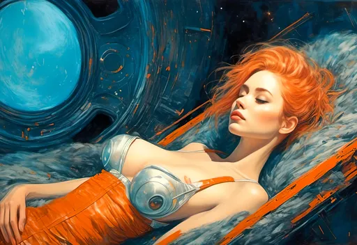 Prompt: A woman portrait in Midjourney <mymodel> style, mixed media on paper. illustration.
a beautiful woman laying on soft fibers with a sci-fi fantasy background, luxurious space fortress, retrofuturism