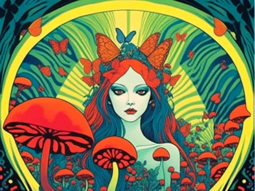 Prompt: <mymodel> Trippy, psychedelic, poster art, illustration, goblin queen, faerie, fae, butterfly, mushroom, deer, pan, beautiful woman 