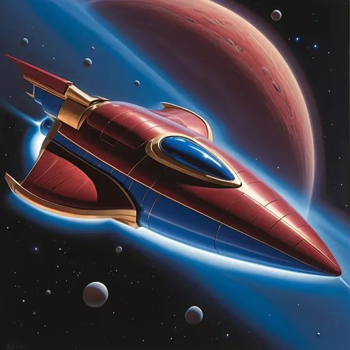 Prompt: Photorealistic image of a royal blue and crimson spaceship shaped like a lightbulb, smooth, curvy, and streamlined, with a dome canopy, small curved wings, fins, gold trim around the canopy, inspired by Alex Toth design, set in a nebula, influenced by Ralph McQuarrie, high-quality, photorealism, detailed design, Alex Toth inspired, nebula background, Ralph McQuarrie influence, spaceship, cobalt blue with maroon trim, smooth and streamlined, bulbous, detailed textures, realistic lighting, atmospheric nebula setting, bird shape