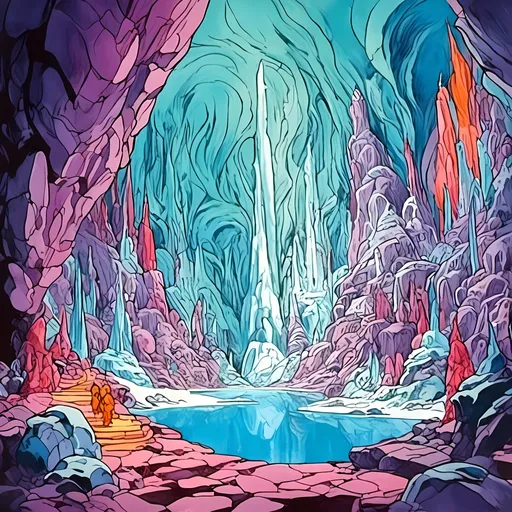 Prompt: <mymodel> mystical ice cavern in filmation cartoon background style. Ink and gouache with color pencil.