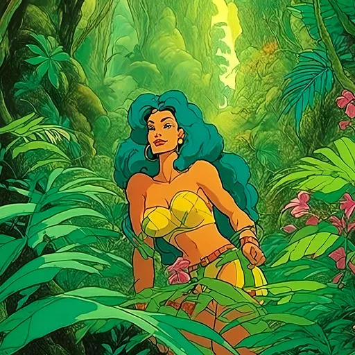 Prompt: Mixed media on paper. 
beautiful jungle woman, Filmation background painting style, gouache and color pencil. <mymodel>
lush forest, fantasy flora and fauna, fantasy setting, vibrant colors, flowers and vines, brush and paper texture, pencil texture, paint texture, adventure scene, exotic setting