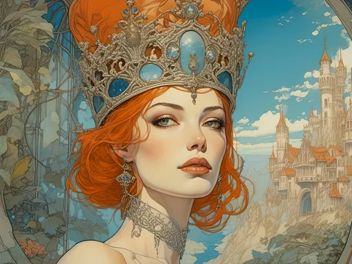 Prompt: a painting of a woman with a crown on her head and a castle ina painting of a woman with a crown on her head and a castle in<mymodel> the background with a blue sky, Arthur Adams, fantasy art, michael kaluta, a character portrait