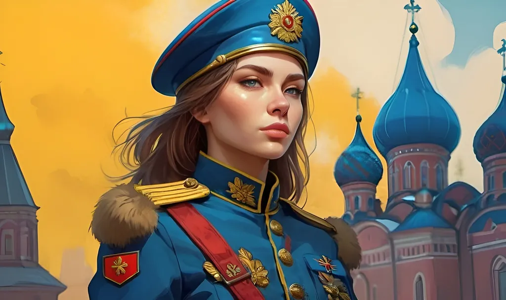Prompt: Female Russian soldier in uniform with a Russian yellow and blue background fantasy character art, illustration, dnd, warm tone