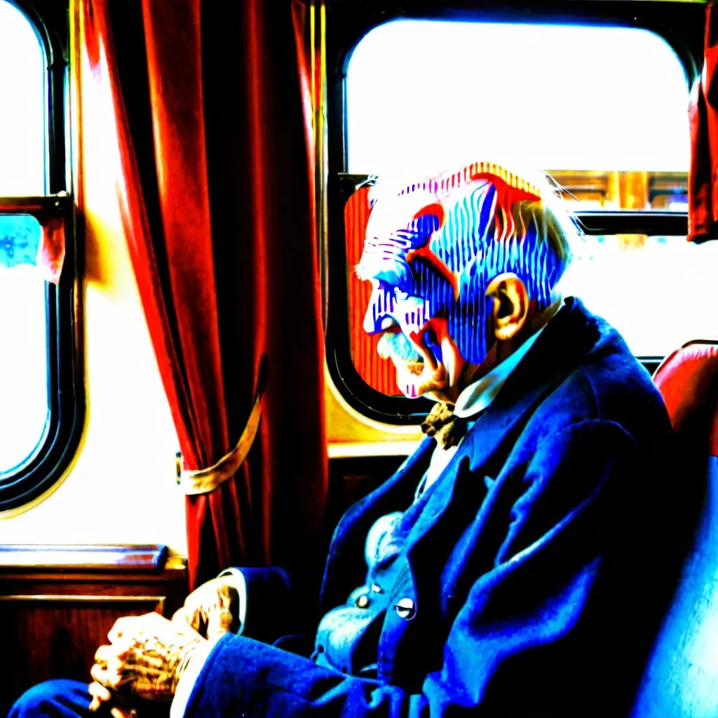 Prompt: Old man in train in america 1920 
