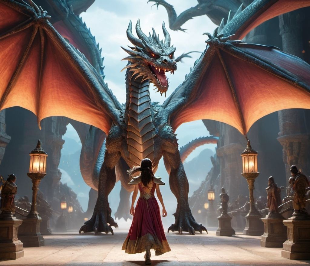 Prompt: A dragon princess walking in stride as two giant dragons fly around her; hyperdetailed, hyperrealistic, volumetric lighting, 