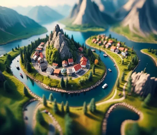 Prompt: aerial view, tilt-shift, isometric miniature world, detailed landscape world render with tiny houses and boats, mountains with lakes