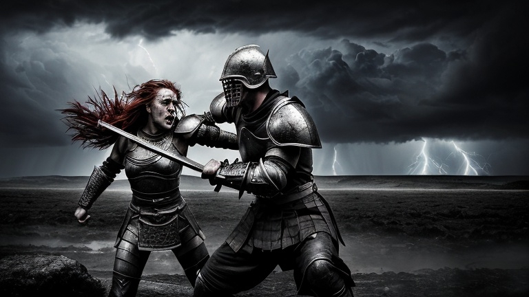 Prompt: a fighting young warrior couple, embracing the battles