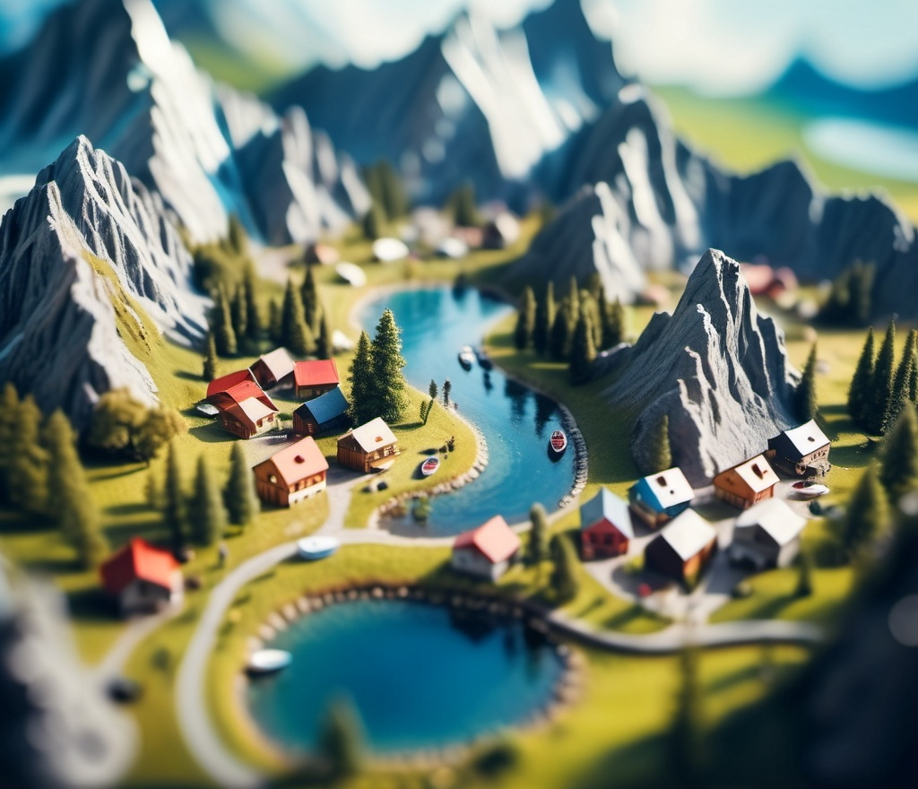 Prompt: aerial view, tilt-shift, isometric miniature world, detailed landscape world render with tiny houses and boats, mountains with lakes