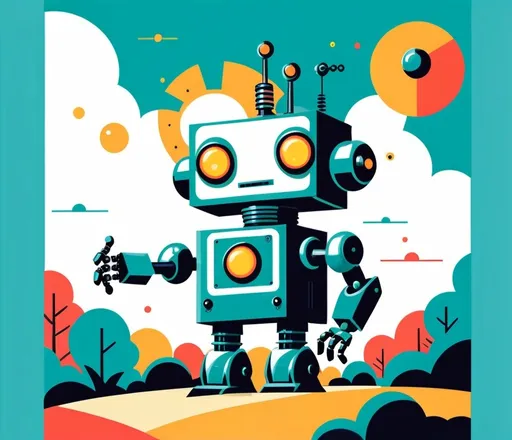Prompt: illustrations for a book-cover,flat design,simple shapes,vector,colorful,2D,curious 1950s robot