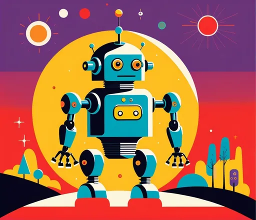 Prompt: illustrations for a book-cover,flat design,simple shapes,vector,colorful,2D,curious 1950s robot