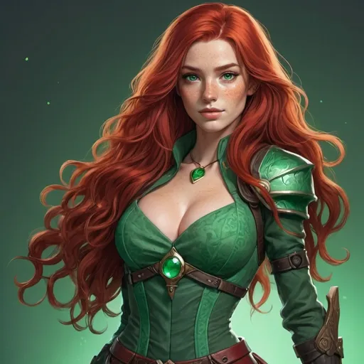 Prompt: long red haired valorant character, hourglass body, in green, with freckles dimples and green eyes holding a guardian 