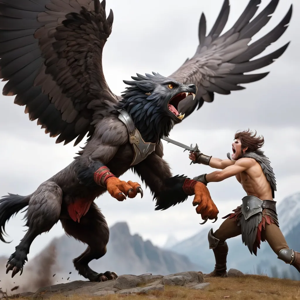 Prompt: humanwolf warrior striking a killing blow to a huge griffon