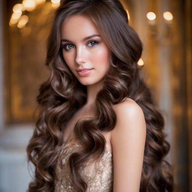 Prompt: A beautiful woman with long brown hair in a fancy gown