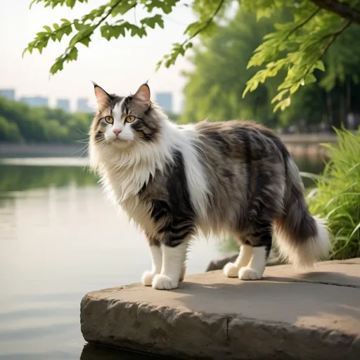 Prompt: create a walking norwegian forest cat alongside Han river.
