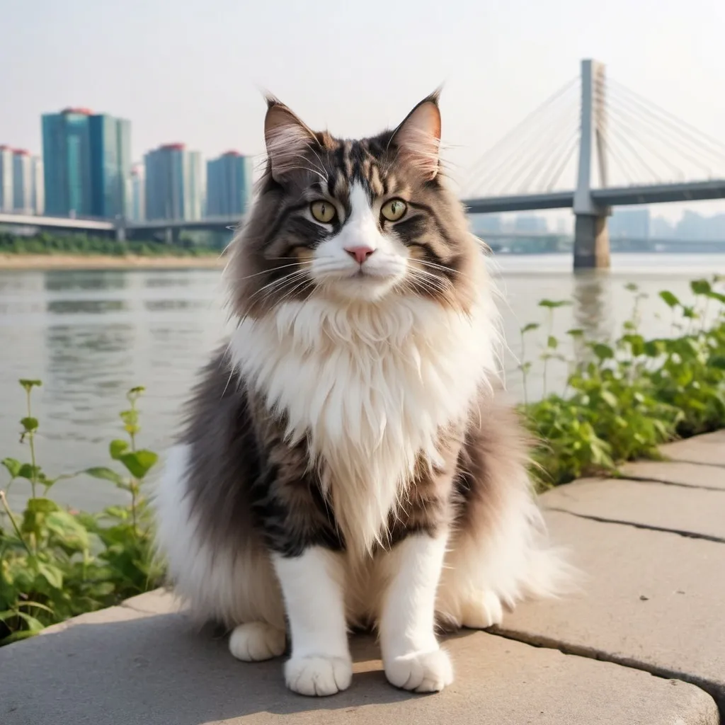 Prompt: create a walking norwegian forest cat alongside Han river.
